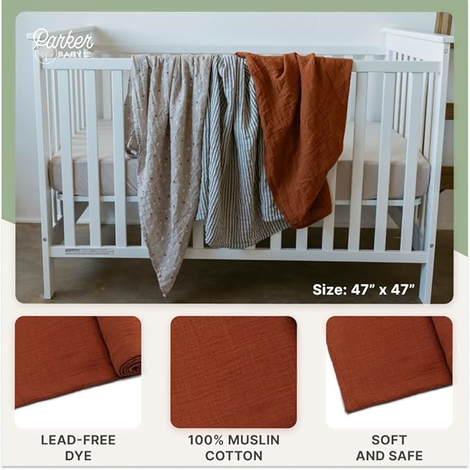 Parker Baby Swaddle Blankets - 3 Pack of 100% Cotton Muslin Swaddle Blankets for Baby Boys and Girls - Unisex/Gender Neutral - Clay