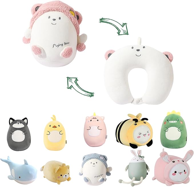 stocaggio Kids Travel Pillow - 2-in-1 Deformable Kids Neck Pillow for Traveling, Soft U-Shaped Pillow with Adorable Animal Design, Comfy Sleep and Play, Ideal for Airplanes and Cars - Pink Bear