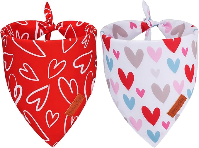 PTDECOR Valentine Dog Bandana, Reversible Holiday Dog Scarf, Multi Size Offered, Heart Valentine Bandanas for Medium Large Dogs Pets (Large)