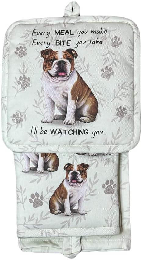 Bulldog 3-Piece Kitchen Set - Oven Mitt, Pot Holder & Kitchen Towel Set, Heat Resistant up to 420 F, Soft Quilted Cotton for Cooking, Baking, BBQ, Pet Lover Gifts (Bulldog)