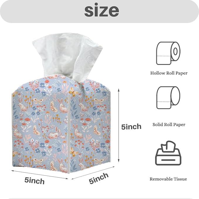 Tissue Box Cover, Tissue Box Holder, Square with Belt Bottom, PU Leather Decorative Organizer for Desk, Tabletop, Countertop Bathroom, Toilet Car, Office, Dresser, Rabbit Butterflyc Flower Decor