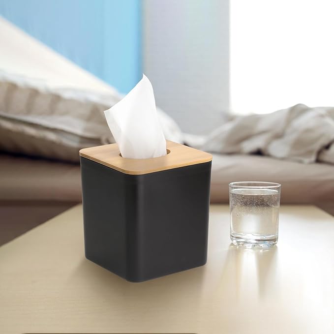MOCHTERO Modern Tissue Box Cover with Bamboo Lid, Black Square Tissue Holder,for Home and Office