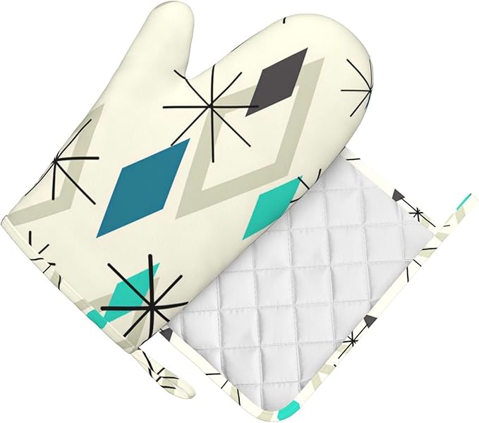 Silicone Oven Mitts and Pot Holders Sets, Home Vintage Mid Century Geometic Heat Resistant BBQ Gloves for Kitchen Baking Cooking Grilling Microwave