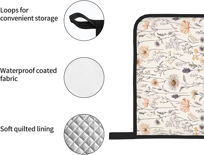 Oven Mitts and Pot Holders Sets of 4 Vintage Botanical Flower Leaf Kitchen Potholder Gloves Heat Resistant Non-Slip for Chef Baking Cooking Grilling BBQ Mittens