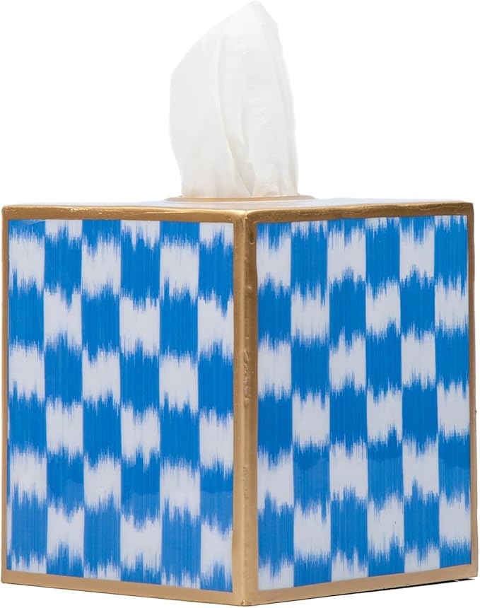 Jaye’s Studio Blue Ikat Checkered Tissue Box Cover Gold, Enamel Decorative Blue and White Tissue Holder, Square Cube Facial Tissue Box for Coastal Bathroom Guest Vanity, Checkered Home Decor Accent