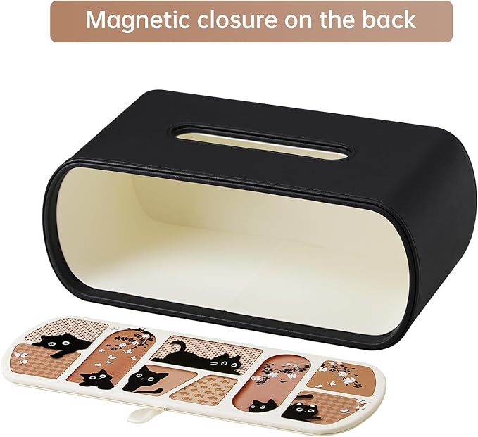 MEIBOOCH Cat-Themed Tissue Box Cover Rectangle, Stylish Tissue Holder for up to 4 Inches High Boxes, Curved Edge Tissue Box Holder (Black)