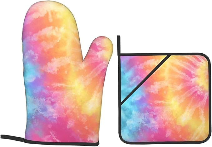 Oven Mitts and Pot Holders Sets of 4 Colorful Tie Dye Kitchen Potholder Gloves Heat Resistant Non-Slip for Chef Baking Cooking Grilling BBQ Mittens