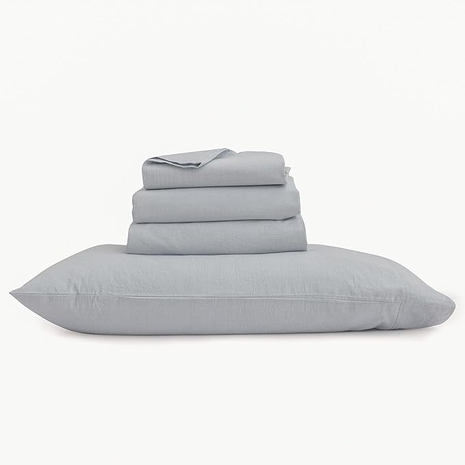 BESTOUCH Sheet Set 100% Washed Cotton Linen Feel Super Soft Comfortable Chic Lightweight 4 Pcs Home Bedding Set Solid Cornflower Blue King