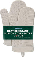 Beneno Heat Resistant Silicone Oven Mitts BPA-Free, Non-Slip Textured Grip & Quilted Cotton Lining, Waterproof Kitchen Mitt 2-Pack Set, 7"x13", Beige