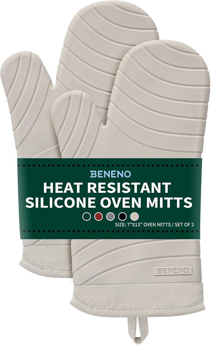 Beneno Heat Resistant Silicone Oven Mitts BPA-Free, Non-Slip Textured Grip & Quilted Cotton Lining, Waterproof Kitchen Mitt 2-Pack Set, 7"x13", Beige