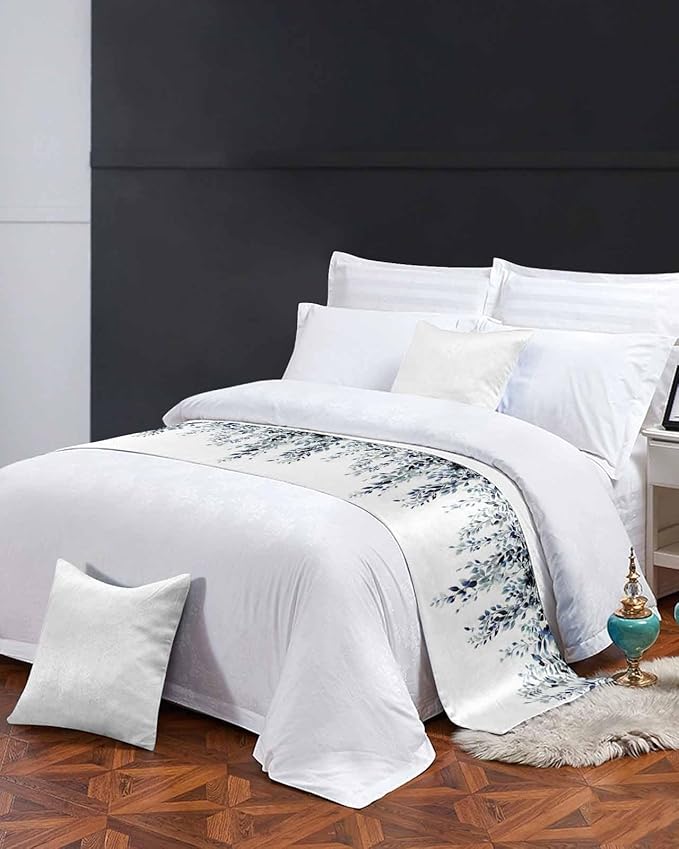 DecorLovee Blue Teal Eucalyptus Bed Runners for Twin Size Bed, Weeping Botanical Decorative Bed Throws for Foot of Bed, Leaf Watercolor Bed Runner Sofa Throw Bedding Scarf Slipcover for Bedroom