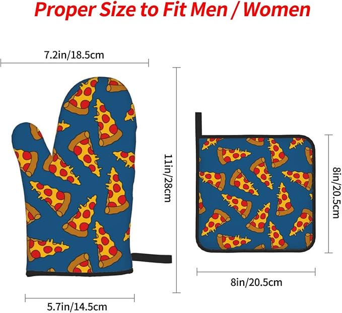 Cute Pizza Oven Mitts and Pot Holders Set of 4, Oven Mittens and Potholders Heat Resistant Gloves for Kitchen Cooking Baking Grilling BBQ