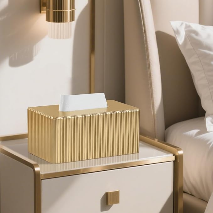 MEIBOOCH PU Leather Tissue Box Cover Square, Rectangle Tissue Box Holder with Magnetic Closure, Decorative Tissue Holder for Bathroom Bedroom Office (Gold, Rectangle for 120 to 160 Count Tissues)