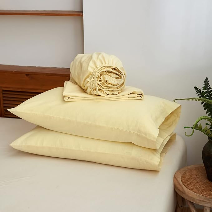 Simple&Opulence Belgian Linen Sheet Set Solid Color - 4 Pieces (1 Flat Sheet, 1 Fitted Sheet & 2 Pillowcases) Natural Flax Cotton Blend Soft Breathable Farmhouse Bedding - Full Size, Pale Yellow