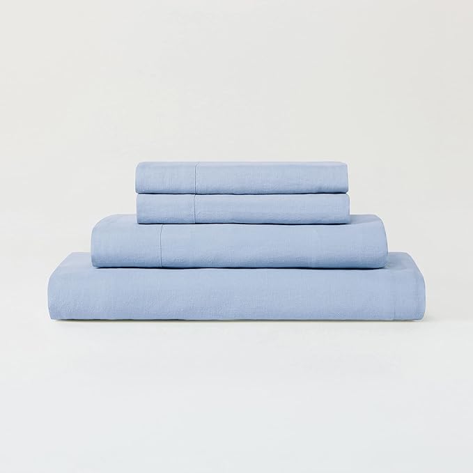 Sijo Stone Washed Organic French Linen Bed Sheet Set, GOTS Certified Organic, Best Cooling Linen Sheet Award by Sleep Foundation, 1 Flat Sheet Only (Sky, Full/Queen)