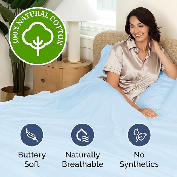 400 Thread Count Cotton Sheet Set - Cal King Size 100% Cotton Sheets - Easily Fits 8" to 16" Mattress - Silky-Soft, Wrinkle Free & Comfortable - Deep Pockets & Hotel Quality Bedding Set - Light Blue