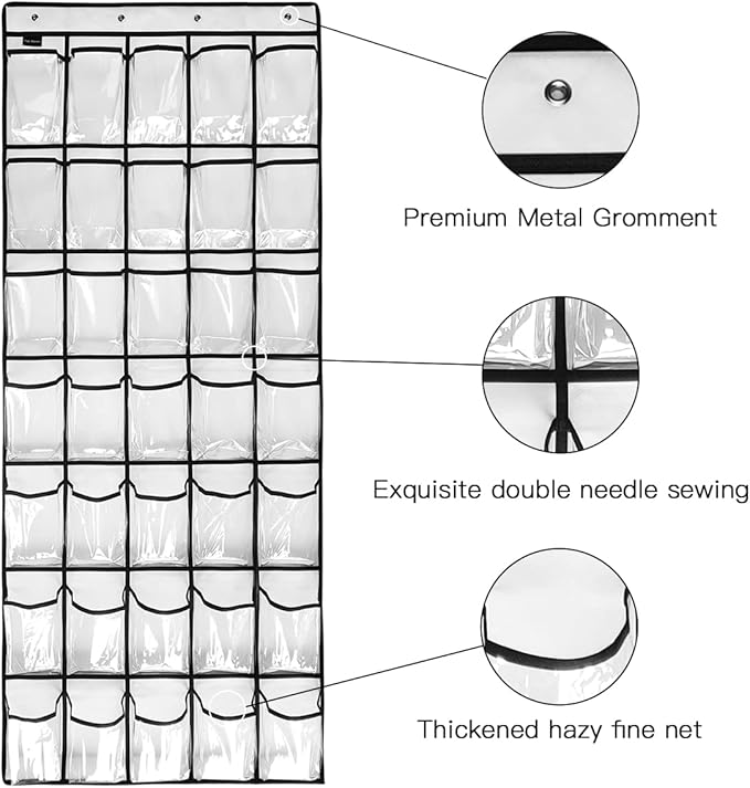 TidyMaster Clear Crystal 2 Pack 35 Pockets Large Hanging Shoe Organizer Over The Door Shoe Rack for Closet Door Storage Shoe Holder Hanger, 8Hooks, white