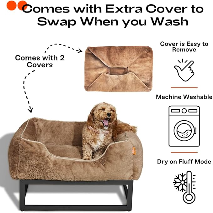 FUZI Elevated Dog Bed Small with Extra Cover, Luxury Raised Pet Bed, Removable and Machine Washable Cover, Indoor/Outdoor Orthopedic, Small 25.1x16.75x18 Light Brown and Black Base