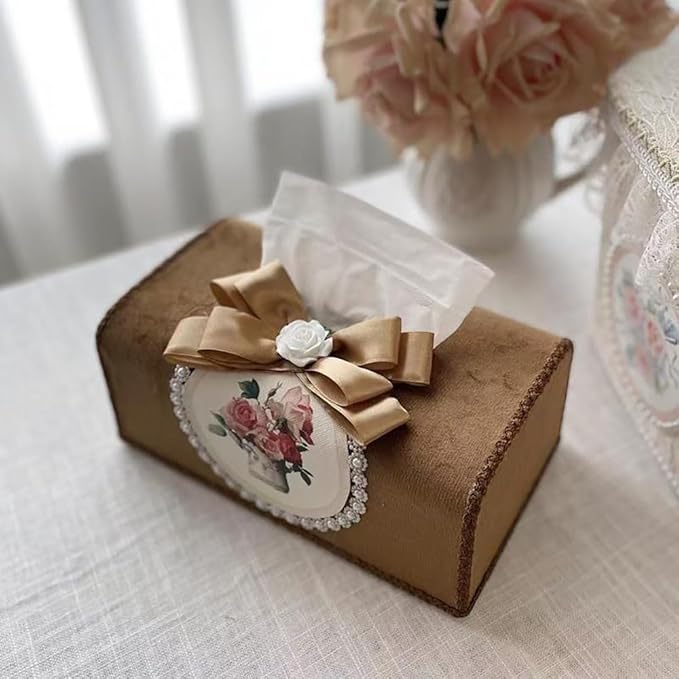 Tissue Cover Holder Fabric Art Cute Tissue Box Cover Dispenser Napkin Organizer for Bathroom Bedroom Office and Car (B - Coffee Color)