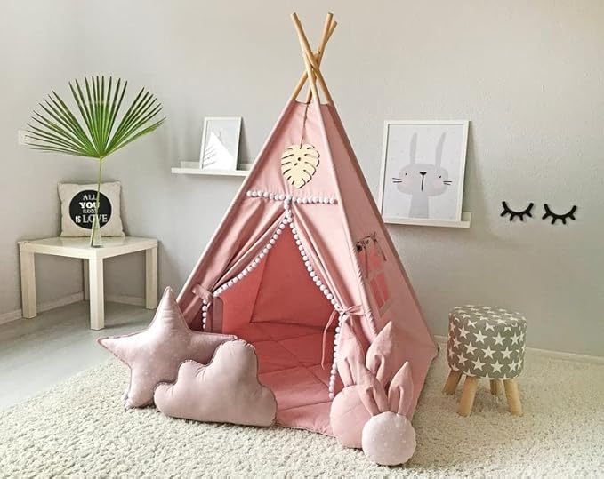 RONGFA Kids Teepee Tent with White Pom Pom - Indoor Play Teepee for Children Boys Portable Play House (Pink)