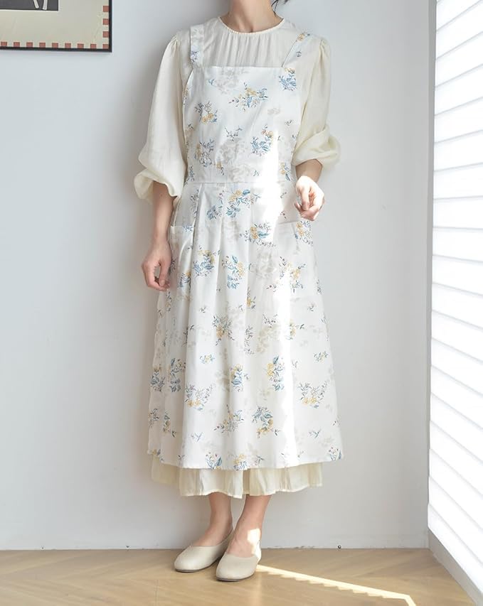 Japanese apron Women-Cross Back Apron for Women with Pockets, Pinafore Aprons, Womens Cotton Linen Apron