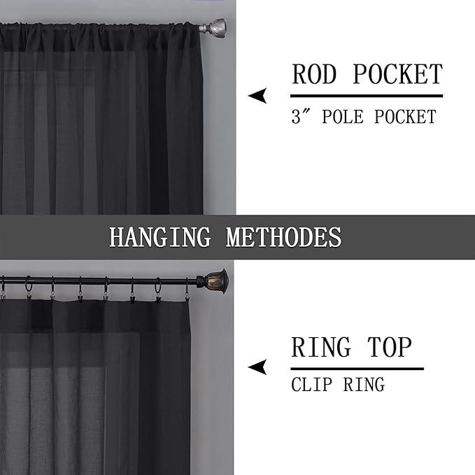 Tollpiz Short Sheer Curtains Linen Textured Bedroom Curtain Sheers Light Filtering Rod Pocket Voile Curtains for Living Room, 54 x 45 inches Long, Black, Set of 2 Panels