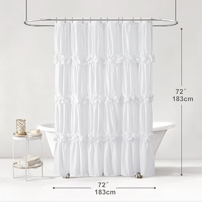 XOGUIBO Ruffle Shower Curtain with Handmade Bow Tie, White Linen Vintage Farmhouse Shower Curtain for Bathroom, 72" W x 72" H