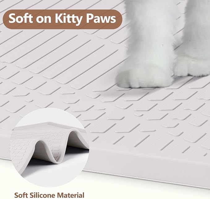 Bartuke Large Cat Litter Mat with Toy Ball, 34'' x 22'' Silicone Cat Litter Trapping Mat for Scatter Control, Soft on Kitty Paws, Easy to Clean (White)