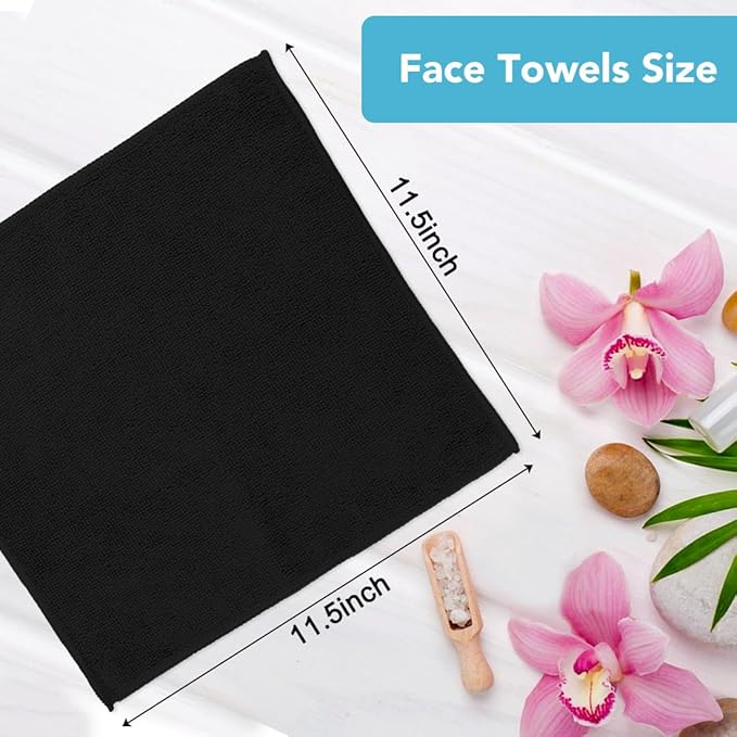 Orighty Washcloths Towels Set 20 Pack, Highly Absorbent and Soft Feel Microfiber Face Cloths, Multi-Purpose Wash Cloths & Hand Towels for Bathroom, Hotel, Spa, and Gym, 11.5x11.5 Inch, Black