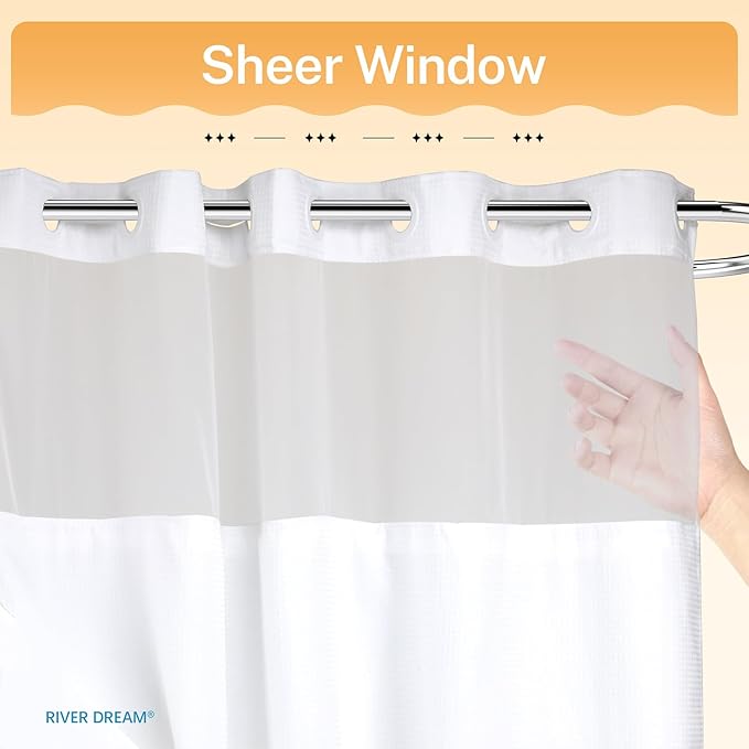 River Dream Heavyweight No Hooks Required Dotted Waffle Weave Shower Curtain with Snap in Liner - 71W x 98H,Hotel Grade,Spa Like Bath Curtain,White