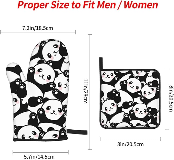 Cute Panda Oven Mitts and Pot Holders Set of 4, Oven Mittens and Potholders Heat Resistant Gloves for Kitchen Cooking Baking Grilling BBQ