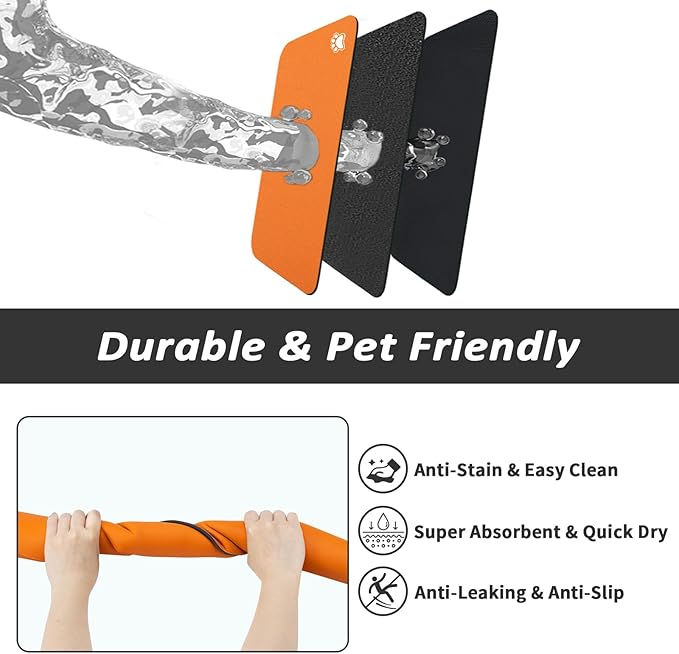 HotLive Dog Food Mat - Absorbent Cat Mat for Food and Water, No Stains Pet Feeding Bowl Mat, Easy to Clean Pet Placemats, Quick Dry Dog Water Dispenser Mat for Messy Drinkers | Paw Orange 16"x 24"