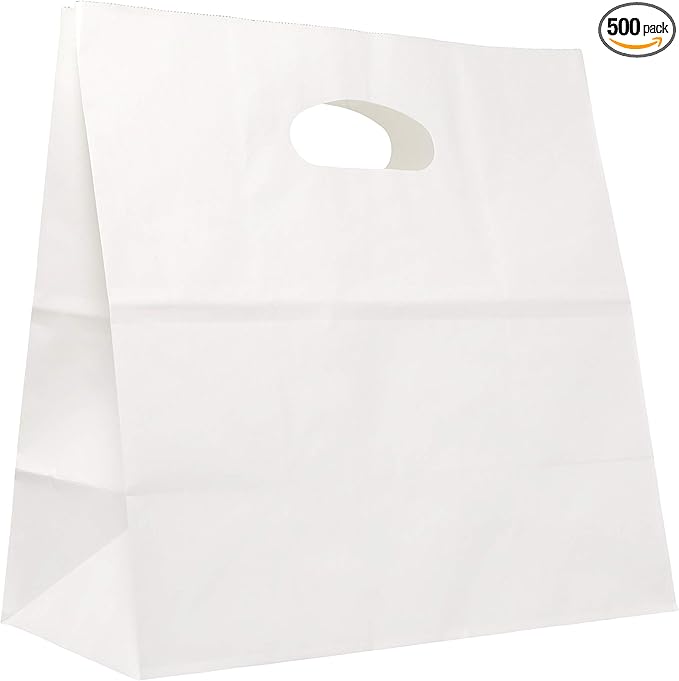 PTP BAGS White 11" x 6" x 11" Die Cut Tote Bags [Pack of 500] Kraft Paper Gift, Food Service Bags