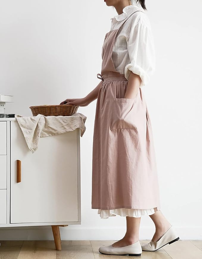 Japanese apron Women-Cross Back Apron for Women with Pockets, Pinafore Aprons, Womens Cotton Linen Apron