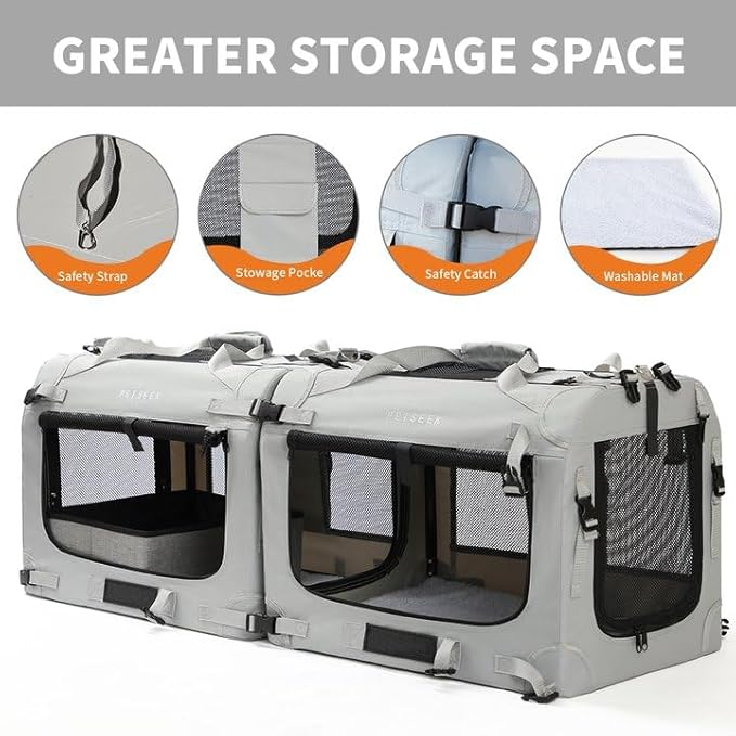 Petseek Extra Large Cat Carrier Soft Sided, Portable Small Dog Carrier for 2 Cats, 24"x16.5"x16" Car Travel Folding Comfortable Design with Litter Box and Bowls, Grey-2+ Litter Box+ Bowl*2