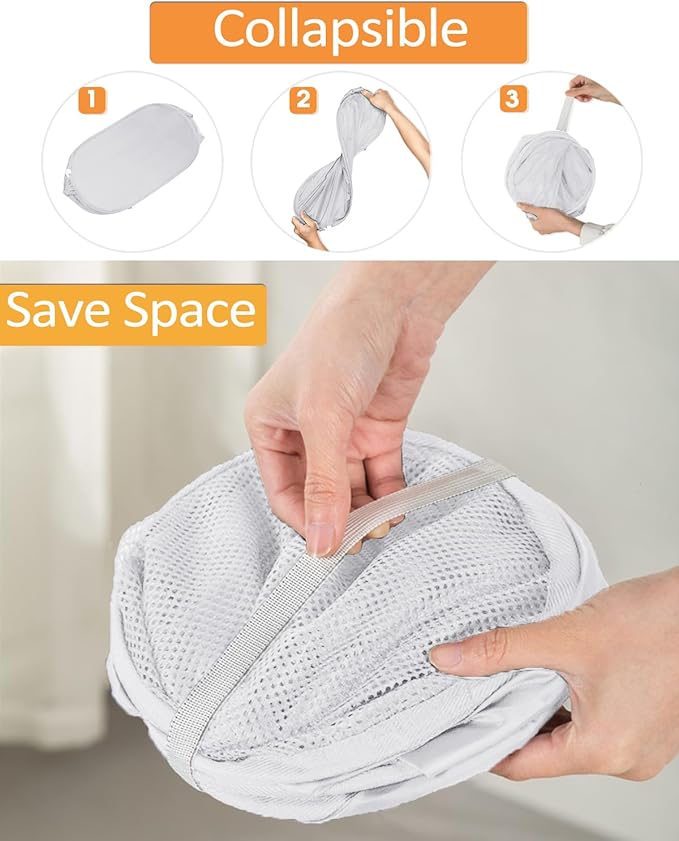 Durable Collapsible Laundry Baskets, Reinforced Mesh Pop Up Laundry Hamper, Foldable Clothes Hampers with Carry Handles for Laundry, Bathroom, Kids Room, Dorm or Travel White