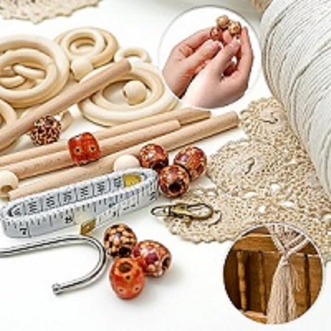 Macrame Kit - 227pc Wall Hanging and Plant Hanger Supplies, 225y Cord 3mm, Beads, Wood Dowels, Rings, E-Book - DIY Craft Starter Set for Adults and Beginners