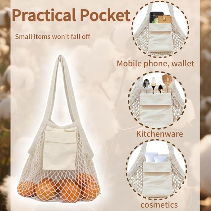 HEYIBURAN Extra Long Handle Farmers Market Bag with Utility Pocket, Cotton Mesh Tote, Reusable Mesh Produce Bags, Machine Washable for Produce and Grocery Hauls(4 Pcs)
