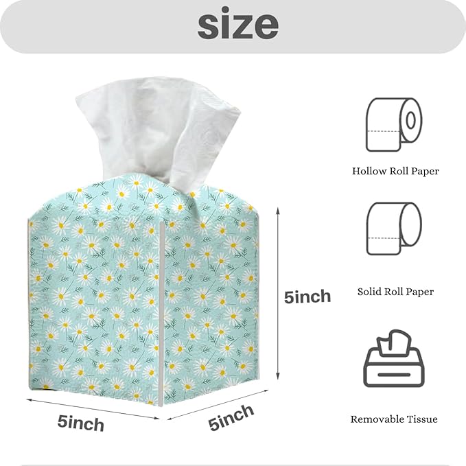 Tissue Box Cover, Tissue Box Holder, Square with Belt Bottom, PU Leather Decorative Organizer for Desk, Tabletop, Countertop Bathroom, Toilet Car, Office, Dresser Bedside, Aesthetic Wildflowers Decor