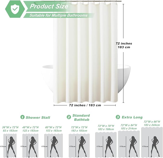 meioro Ivory Shower Curtain, Waffle Weave 256GSM Heavy Duty Textured Fabric Shower Curtains for Bathroom Hotel Spa, Luxury Weighted Polyester Cloth Bath Curtain Set with 12 Hooks, 72Wx96H