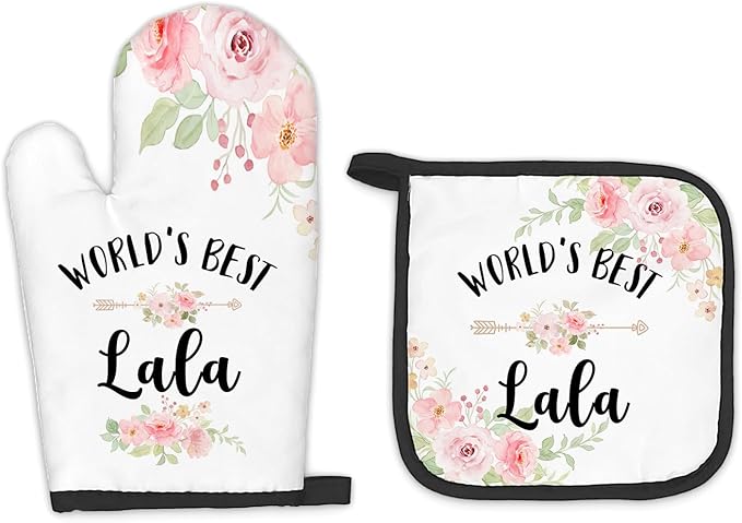 Lala Gifts Oven Mitts and Pot Holders Sets, Gifts for Lala from Grandkids Kitchen Decor Accessories Sets, World’s BestLala Heat Resistant Oven Glove Potholders for Kitchen Cooking Baking BBQ