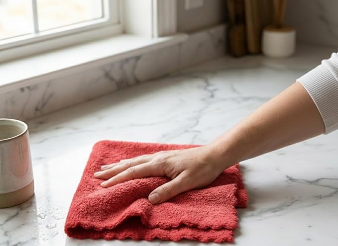 BRODER MFG. INC. Extra Large Microfiber Kitchen Towels (16"x19", 4-Pack (Red, Green, & White)) - Ultra Plush, Lint Free Reuseable Cloths for Everyday Use - Absorbent Scalloped Edge Dish Cloths