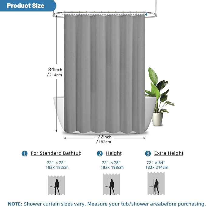 THAIGEE 2-in-1 Waterproof Fabric Shower Curtain - No Separate Liner Needed, Hotel-Style Waffle Weave, Effortless Cleaning & Washable Bathroom Shower Curtain Set,72Wx84H,Grey