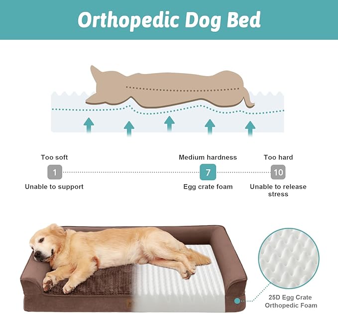 COZY KISS Orthopedic Dog Beds for Large Sized Dog, XL Bolster Pet Couch with Waterproof Lining, Egg Crate Foam Sofa for Pets Up to 100 lbs, U-Shaped, 44x32x7 inch, Brown