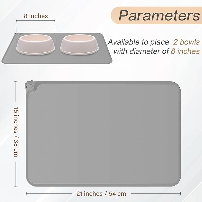 MoPawKT- Pet Food Mat 21” x 15“ with Raised Edges, Waterproof, Anti-Slip, Thickened Silicone Dog Food Mat for Bowls, Pet Accessories Tray Cat Food Mat Prevent Water Splashing onto The Floor (Black)