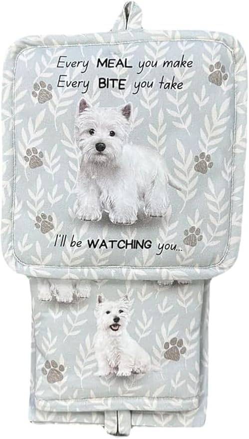Westie 3-Piece Kitchen Set - Oven Mitt, Pot Holder & Kitchen Towel Set, Heat Resistant up to 420 F, Soft Quilted Cotton for Cooking, Baking, BBQ, Pet Lover Gifts (Westie)