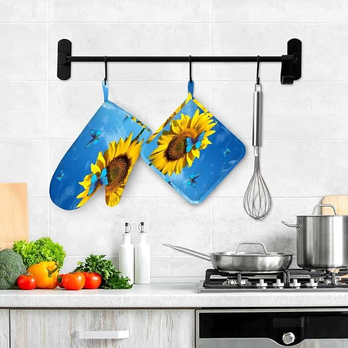 Mxocom Yellow Sunflowers Silicone Oven Mitts and Pot Holders Sets Blooming Sunflowers in Blue Sky Beautiful Blue Butterflies Flying BBQ Gloves for Kitchen,Cooking,Baking,Grilling