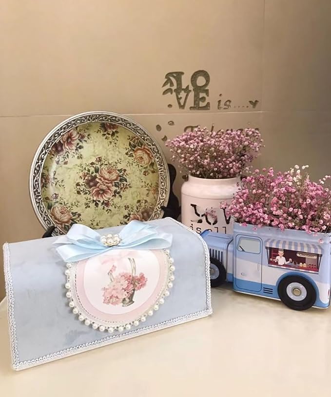 Tissue Cover Holder Fabric Art Cute Tissue Box Cover Dispenser Napkin Organizer for Bathroom Bedroom Office and Car (C - Light Blue)