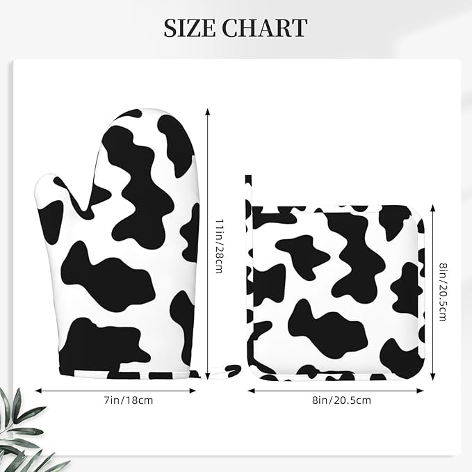 Silicone Oven Mitts and Pot Holders Sets, Home Cow Print Heat Resistant BBQ Gloves for Kitchen Baking Cooking Grilling Microwave