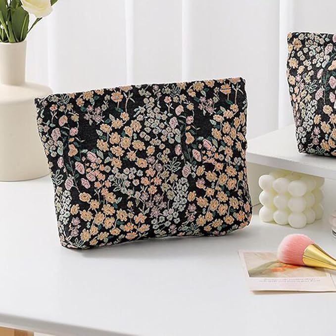 SxoSyo Cosmetic Bags for Women Makeup Bag Embroidery Large Capacity Purse Travel Toiletry Zipper Pouch Make up Brushes Organizer for Gifts (mini Flowers, Black)